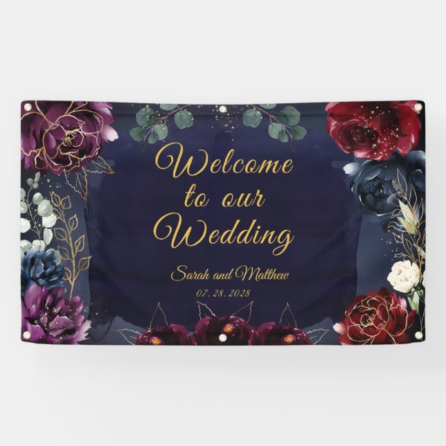 Burgundy Navy Welcome To Our Wedding 3x5' Banner (Horizontal)