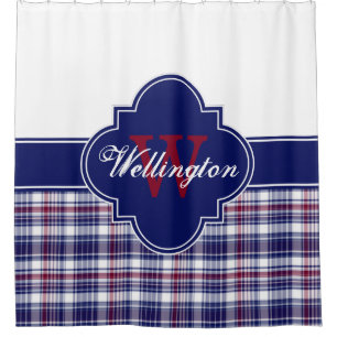 Burgundy Navy White Madras Plaid 1ICB Ribbon Name Shower Curtain