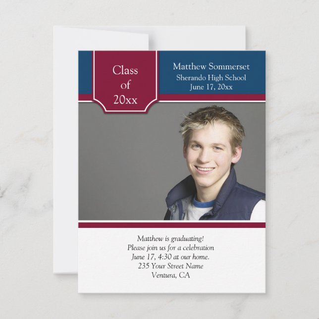 Burgundy Navy White Photo Graduation Invitation (Front)