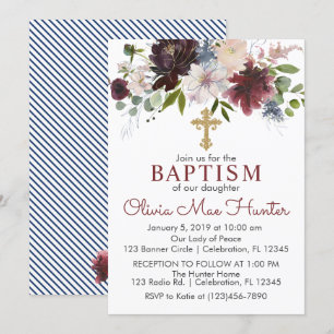 Burgundy & Navy Winter Florals Baptism Invitation
