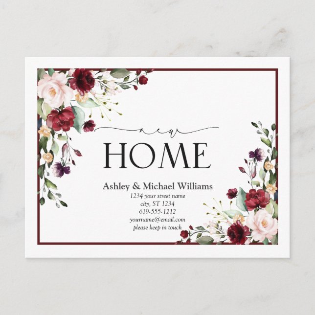 Burgundy New Home Script Moving Announcement (Front)