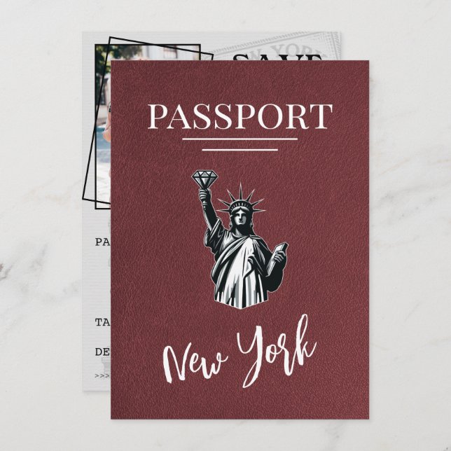 Burgundy New York City Passport Save The Date (Front/Back)