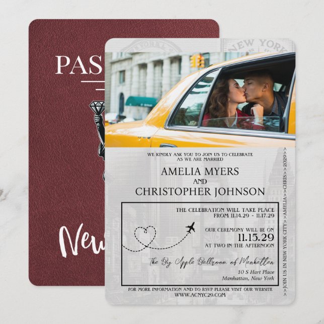 Burgundy New York City Passport Wedding Invitation (Front/Back)