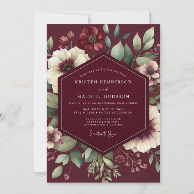 Burgundy Nocturne Floral Wedding Invitation (Front)