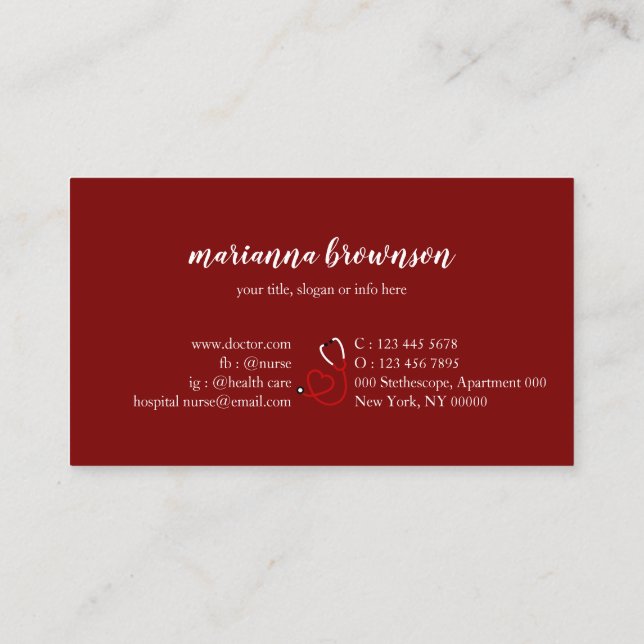 burgundy Nurse Doctor Hospital Business Card (Back)