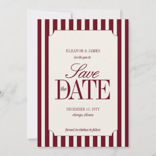 Burgundy Old Money Preppy Stripe Winter Wedding Save The Date