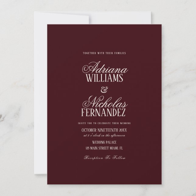 Burgundy Old Money Script Wedding Invitation (Front)
