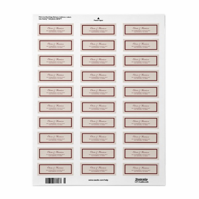 Burgundy Old Money Wedding Return Address Label (Full Sheet)