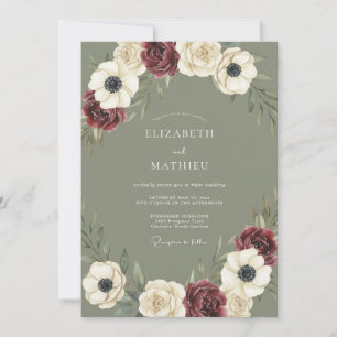 Burgundy Olive Anemone Wedding Invitation