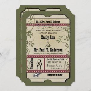 Burgundy & Olive Funky Textured Playbill Weddings Invitation