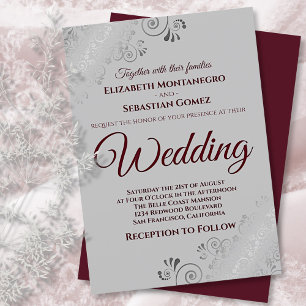 Burgundy on Gray with Lacy Silver Frills Wedding Invitation