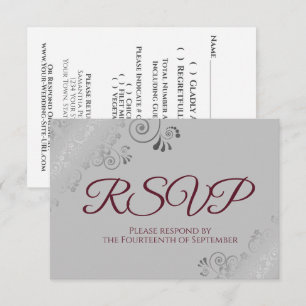 Burgundy on Grey Elegant Silver Lace Wedding RSVP Card
