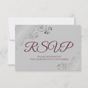 Burgundy on Grey Elegant Silver Lace Wedding RSVP Card