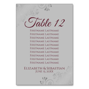 Burgundy on Grey Elegant Wedding Seating Chart Table Number