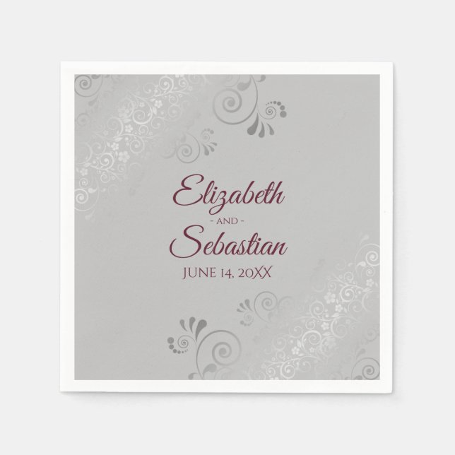 Burgundy on Grey Silver Frills Elegant Wedding Napkin (Front)