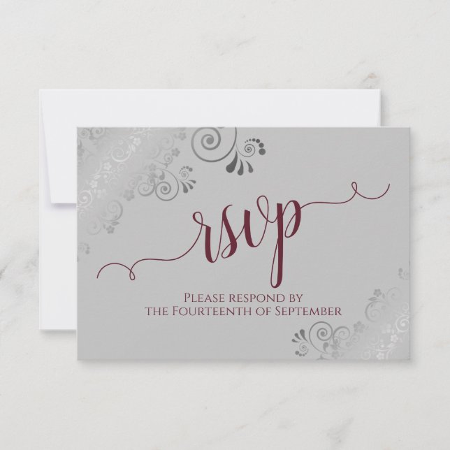 Burgundy on Grey Silver Lace Calligraphy Wedding RSVP Card (Front)