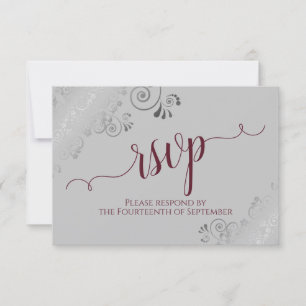 Burgundy on Grey Silver Lace Calligraphy Wedding RSVP Card