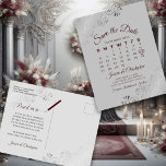 Burgundy on Grey Wedding Save the Date Calendar Announcement Postcard<br><div class="desc">This beautiful save the date postcard will give your friends and family advance notice of your upcoming wedding. It features a clever design with a custom calendar where you can put a heart around your wedding date. The background is light grey, with burgundy or brick red text and decorative silver...</div>