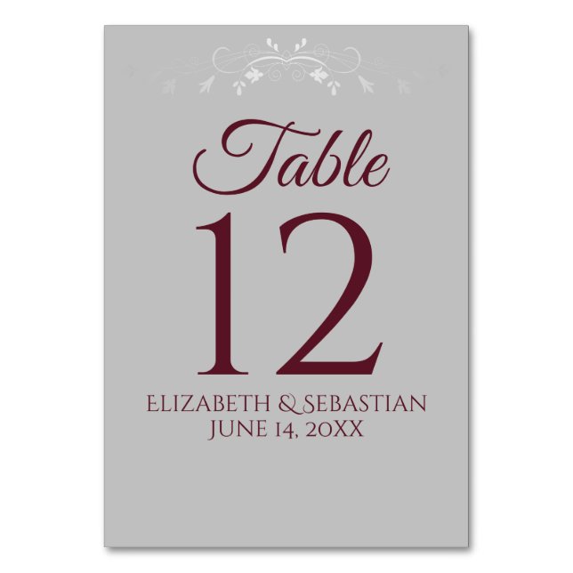 Burgundy on Grey with Silver Flourish Wedding Table Number (Front)