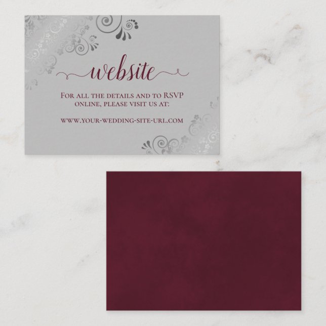 Burgundy on Grey with Silver Lace Wedding Website Enclosure Card (Front/Back)