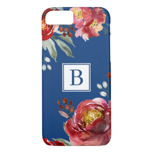 Burgundy on Navy Watercolor Flowers Monogram iPhone 8/7 Case