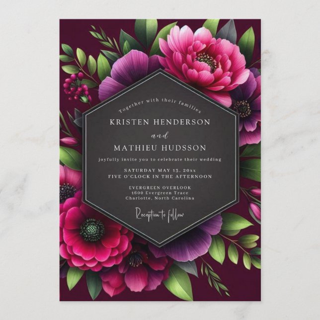 Burgundy Opulent Bloom Wedding Invitation (Front)