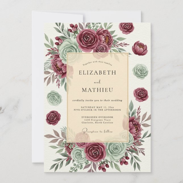 Burgundy Opulent Succulent Wedding Invitation (Front)