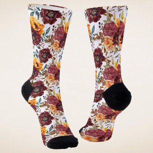 Burgundy Orange Autumn Botanical Wedding Socks