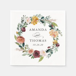 Burgundy Orange Autumn Fall Floral Wreath Wedding Napkin