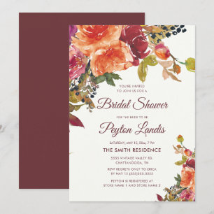 Burgundy Orange Blue Floral Leaves Bridal Shower Invitation