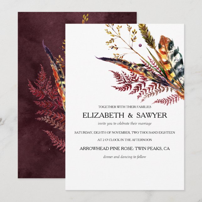 Burgundy & Orange Boho Fall Wedding Invitation (Front/Back)