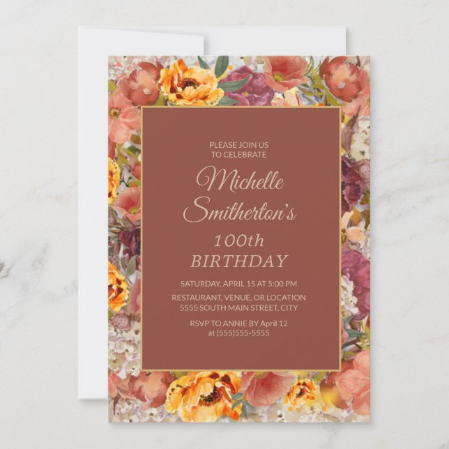 Burgundy Orange Cream Floral 100th Birthday Invitation (Front)