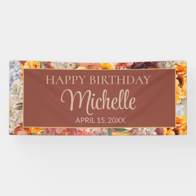 Burgundy Orange Cream Floral Happy Birthday Name Banner (Horizontal)