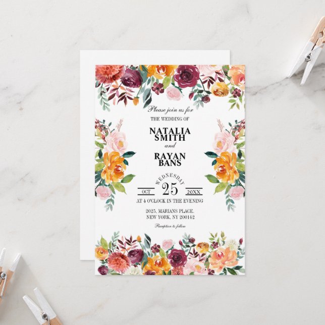 Burgundy Orange Crush Floral pure wedding card (Front/Back In Situ)