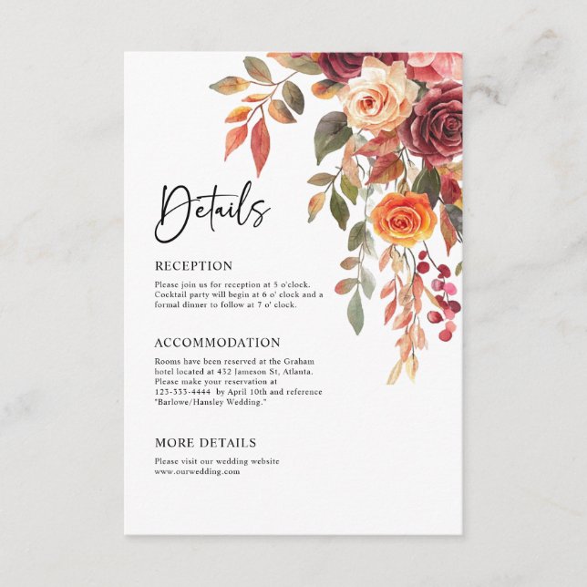 Burgundy Orange Fall Elegant Wedding Details Enclosure Card (Front)