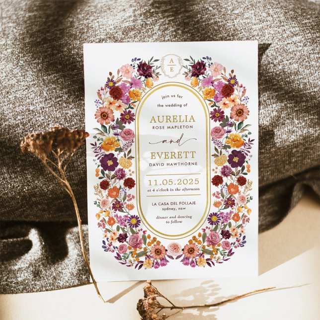 Burgundy Orange Fall Wildflower Garden Wedding Invitation (Creator Uploaded)