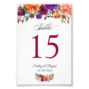 Burgundy Orange Floral 4x6 Wedding Table Number Photo Print