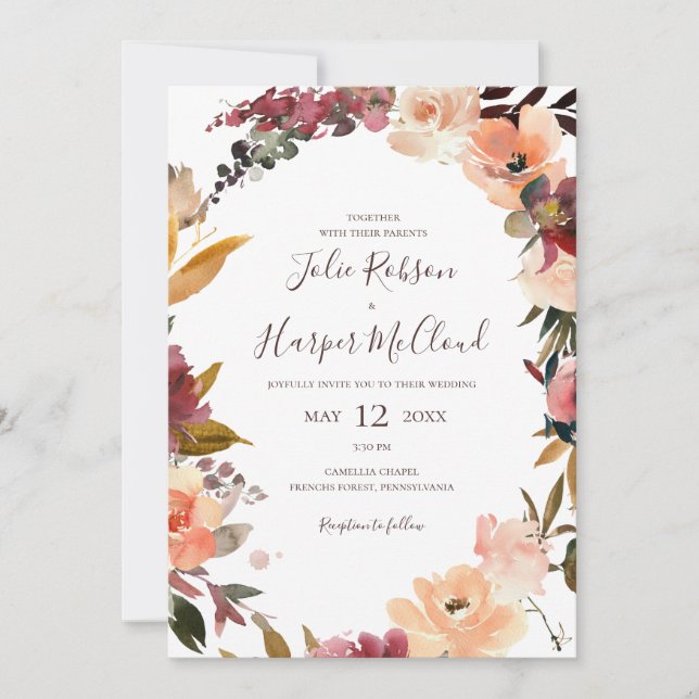 Burgundy Orange Floral All In One Wedding Invitation (Front)
