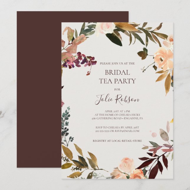 Burgundy Orange Floral | Beige Bridal Tea Party Invitation (Front/Back)