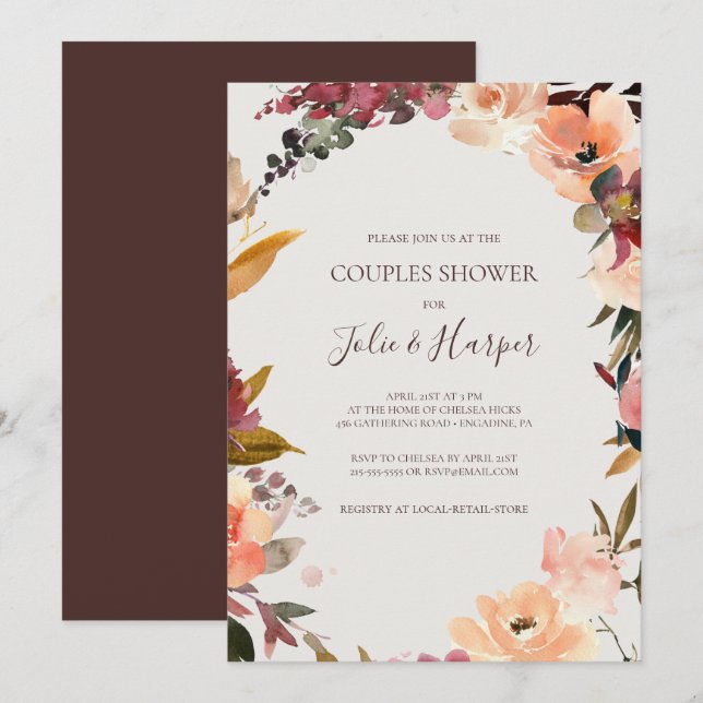 Burgundy Orange Floral | Beige Couples Shower Invitation (Front/Back)