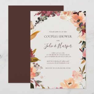 Burgundy Orange Floral   Beige Couples Shower Invitation