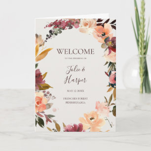 Burgundy Orange Floral   Beige Folded Wedding Programme