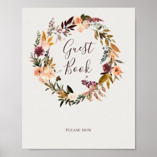 Burgundy Orange Floral Beige Guest Book Sign