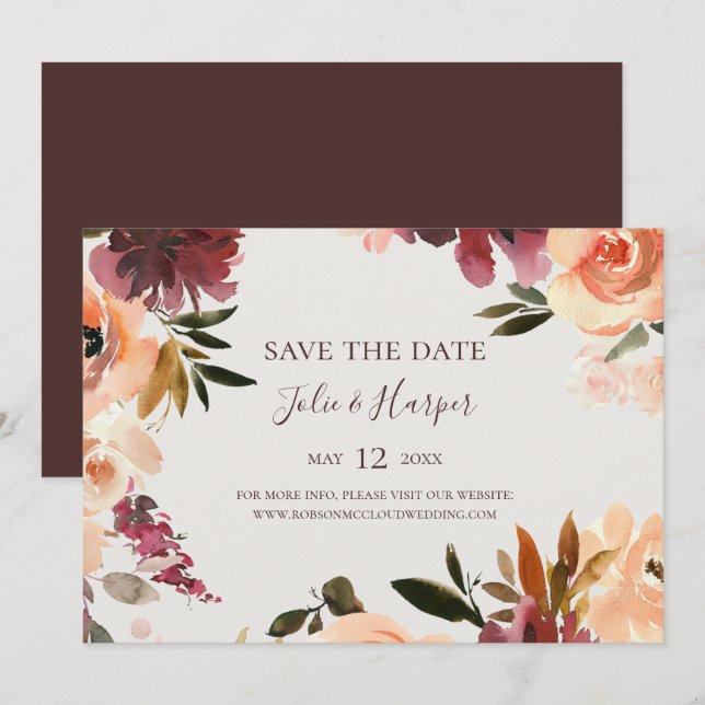 Burgundy Orange Floral Beige Horizontal Save The Date (Front/Back)