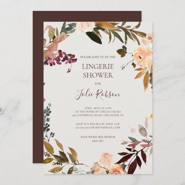 Burgundy Orange Floral | Beige Lingerie Shower Invitation (Front/Back)