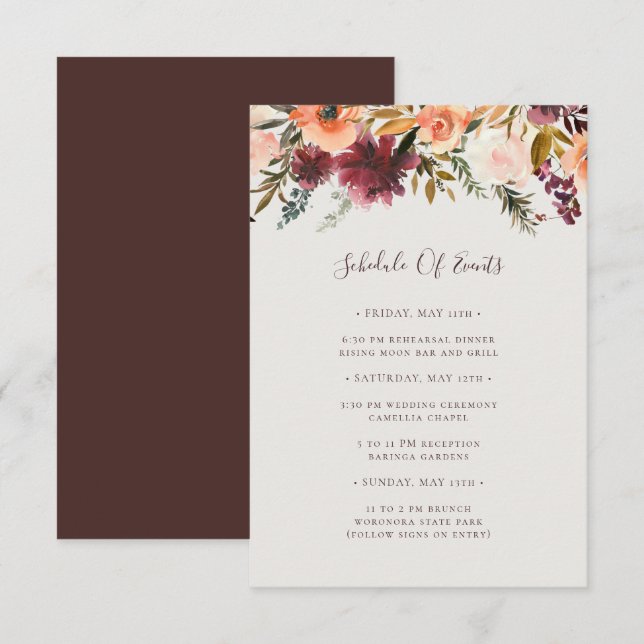Burgundy Orange Floral | Beige Schedule of Events Enclosure Card (Front/Back)