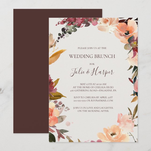 Burgundy Orange Floral | Beige Wedding Brunch Invitation (Front/Back)