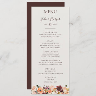 Burgundy Orange Floral   Beige Wedding Dinner Menu