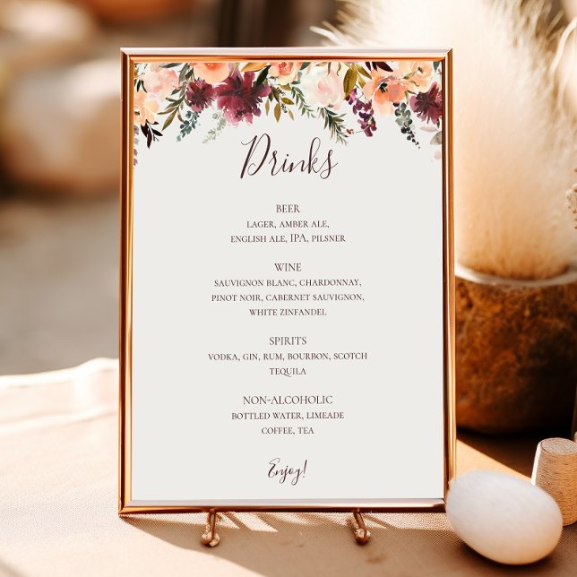Burgundy Orange Floral Beige Wedding Drinks Menu  Poster (Creator Uploaded)