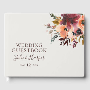 Burgundy Orange Floral   Beige Wedding Guest Book